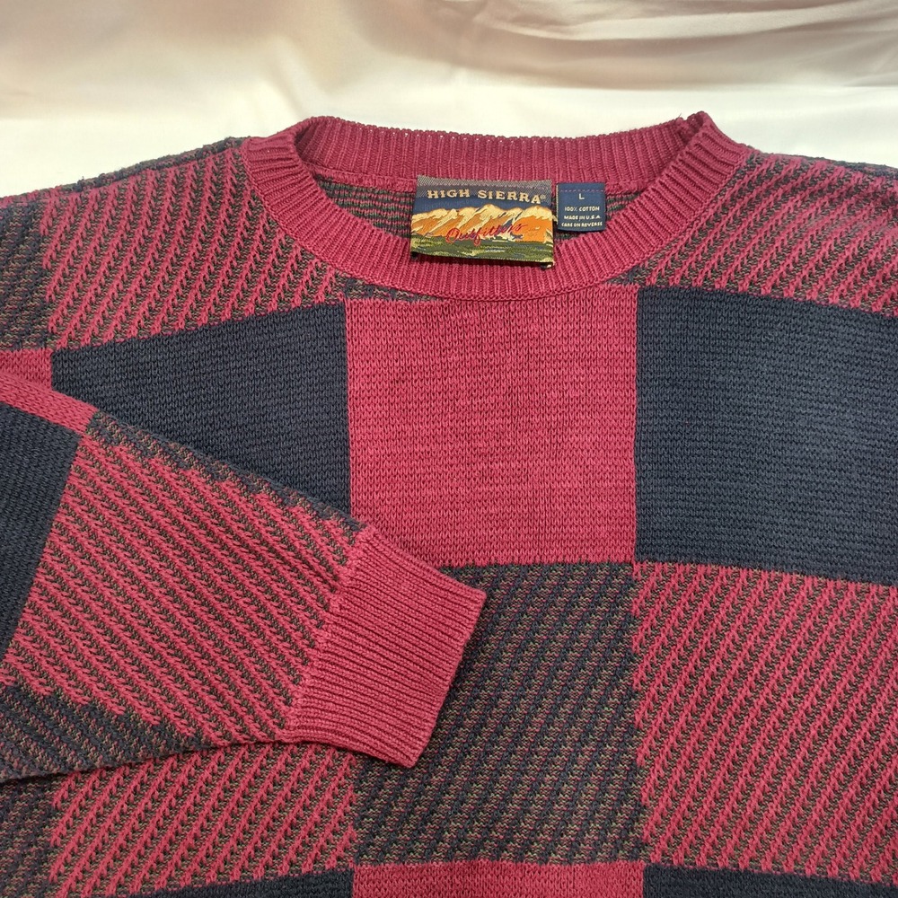 High Sierra Outfitters Vtg Mens Large Cotton Checkerboard Sweater Burgundy USA